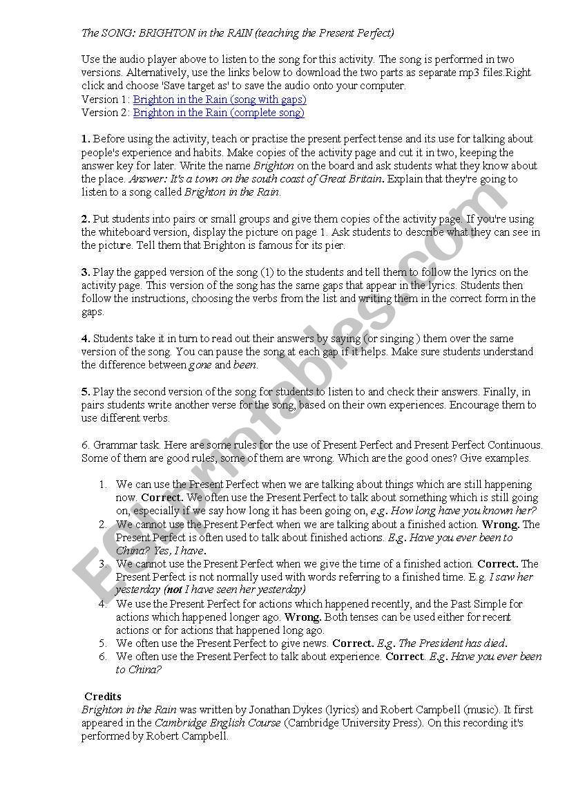 Lesson Plan For The Song Brighton In The Rain Teaching Present Perfect Esl Worksheet By Renxtx