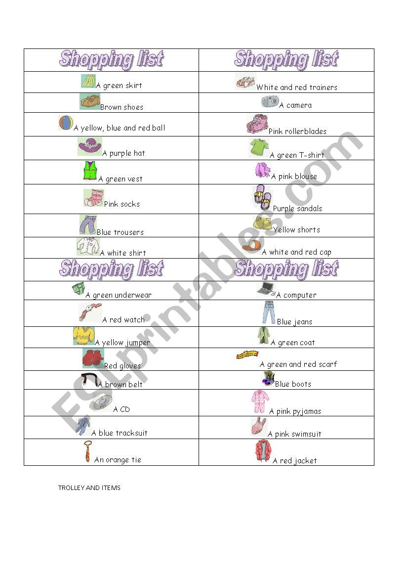 GAME- CLOTHES SHOPPING LIST worksheet