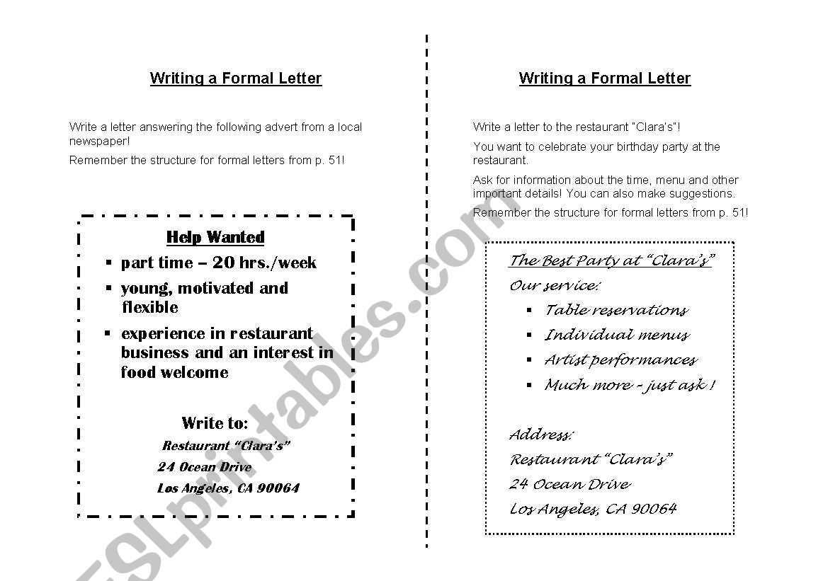 Writing a formal letter worksheet