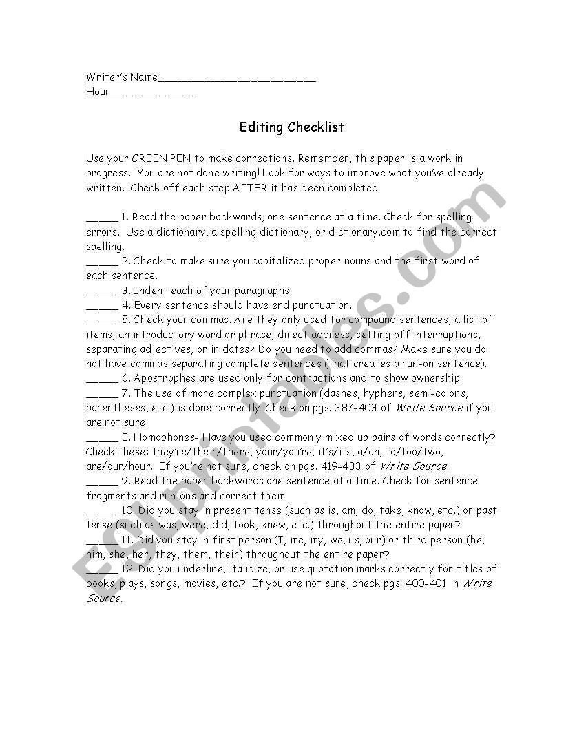 6th/7th Grade Editing Checklist