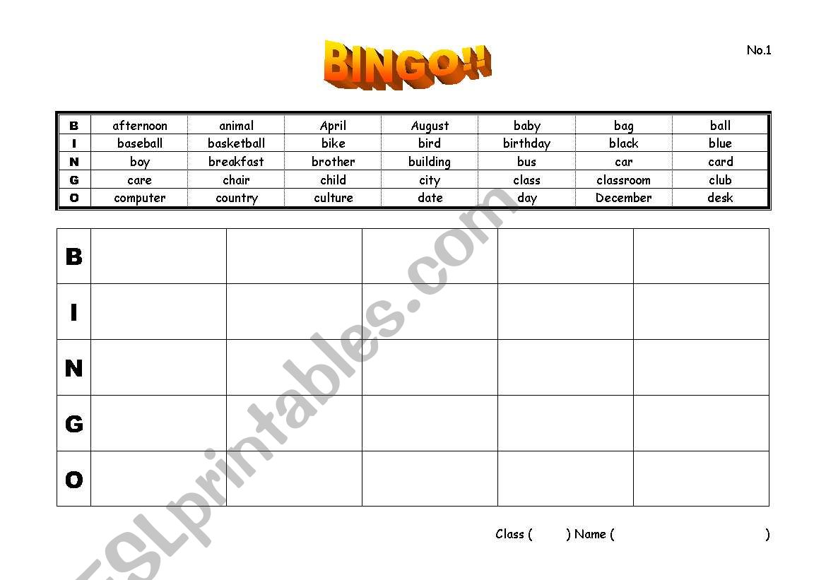 420 words bingo worksheet