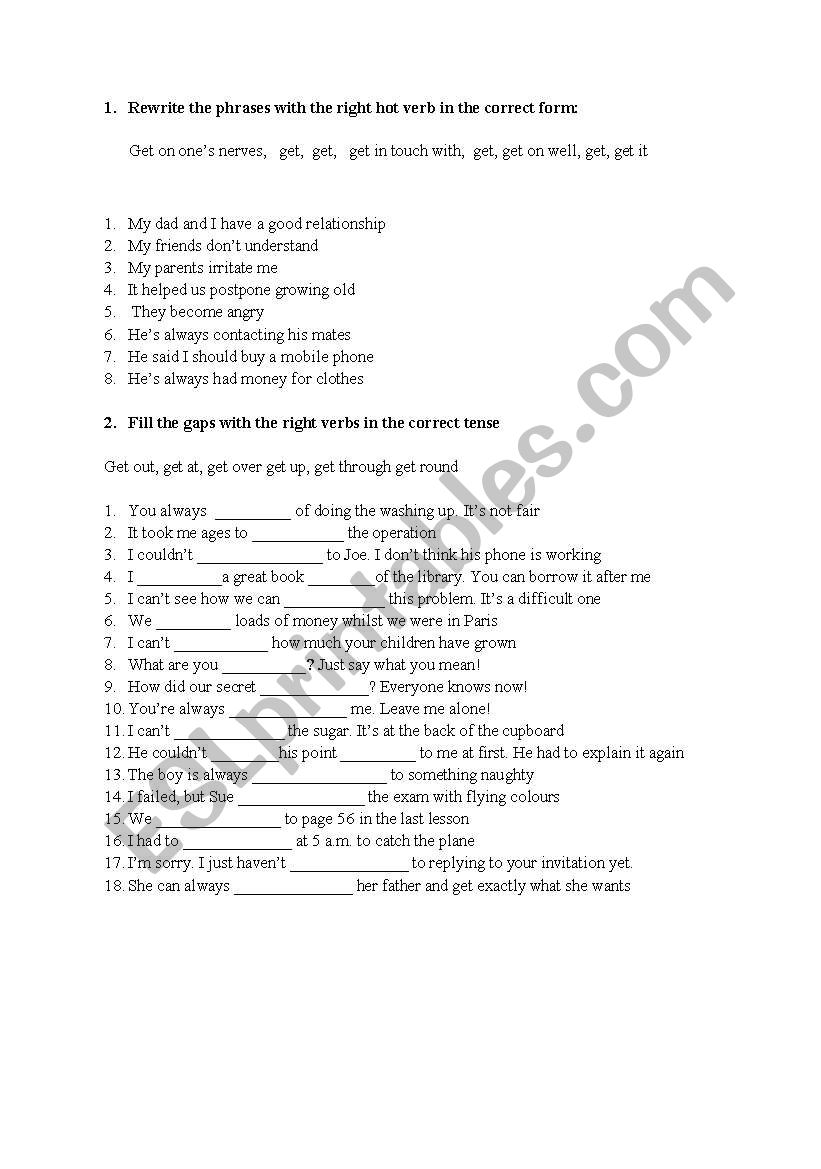 hot verbs: to get worksheet