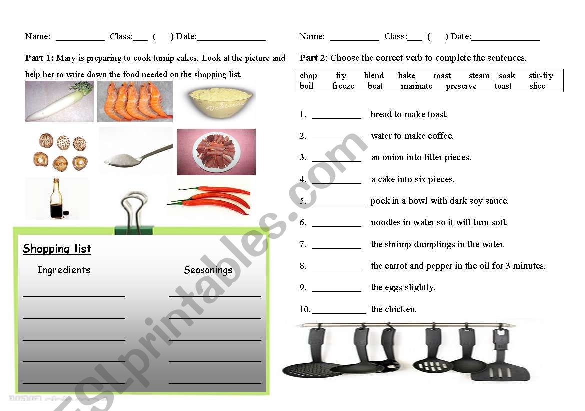 Cooking verbs worksheet