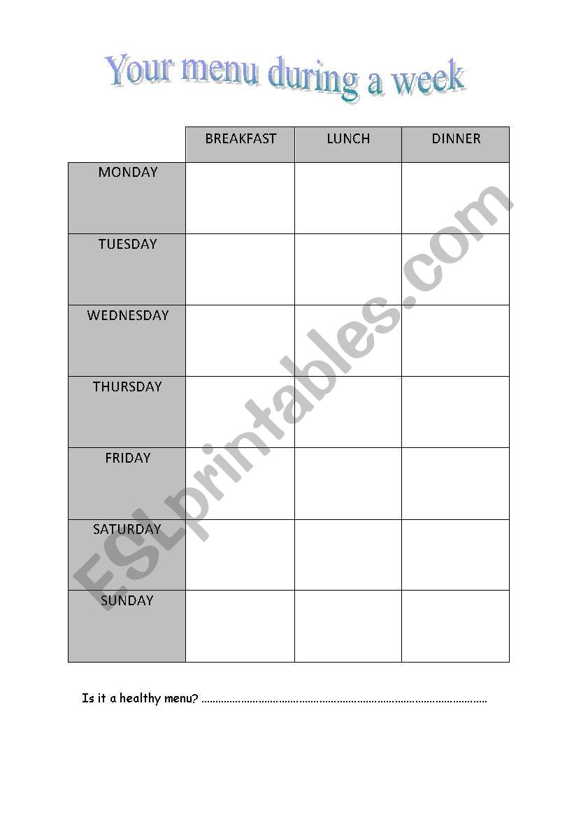 My menu  worksheet