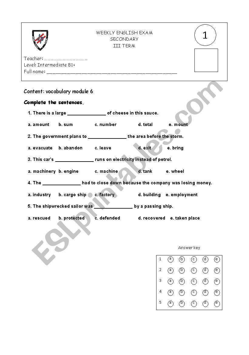 VOCABULARY QUIZ worksheet