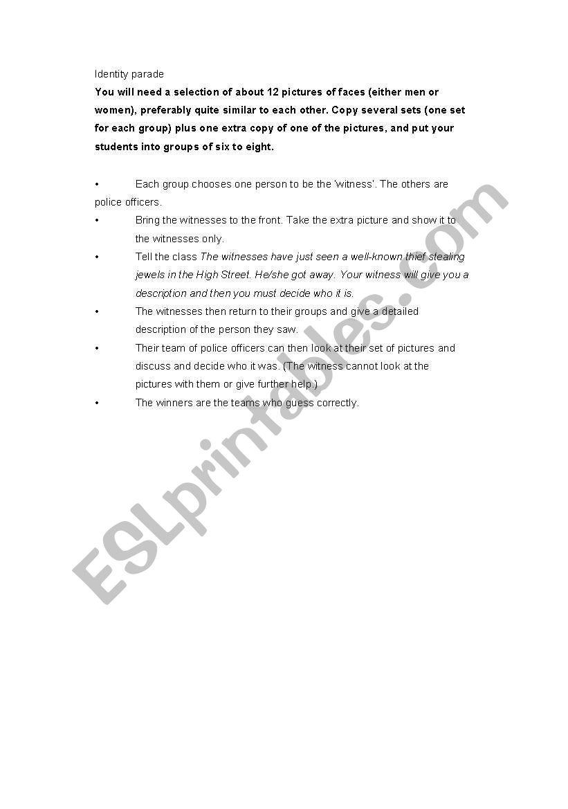 Identity parade worksheet