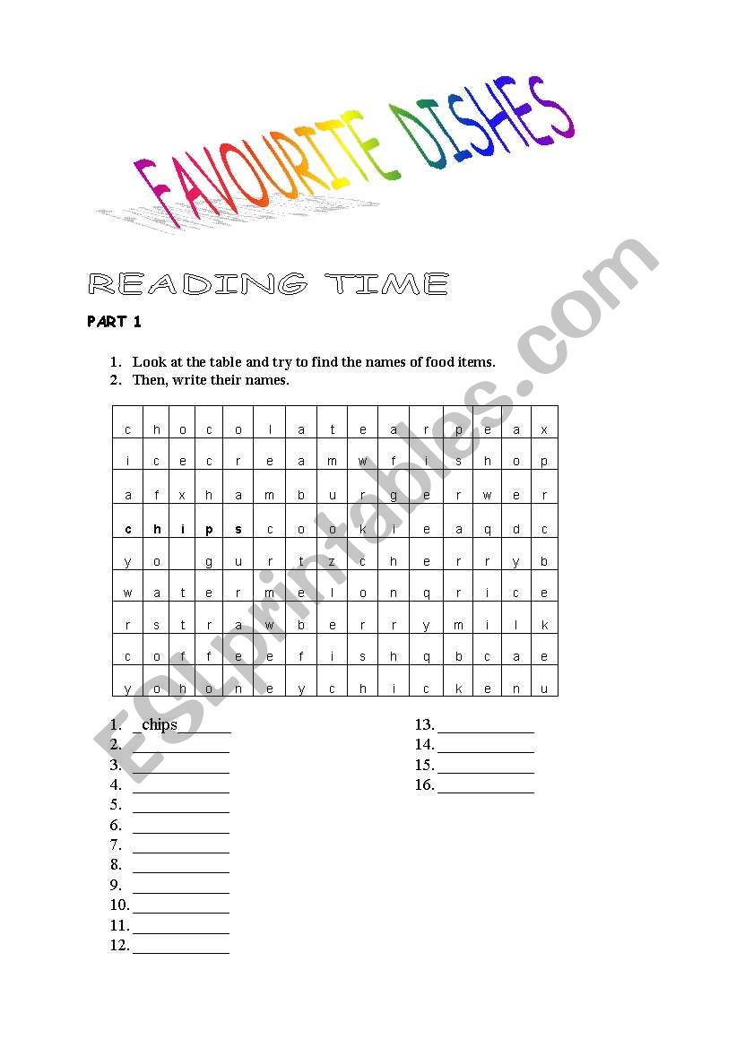 favourite dishes worksheet