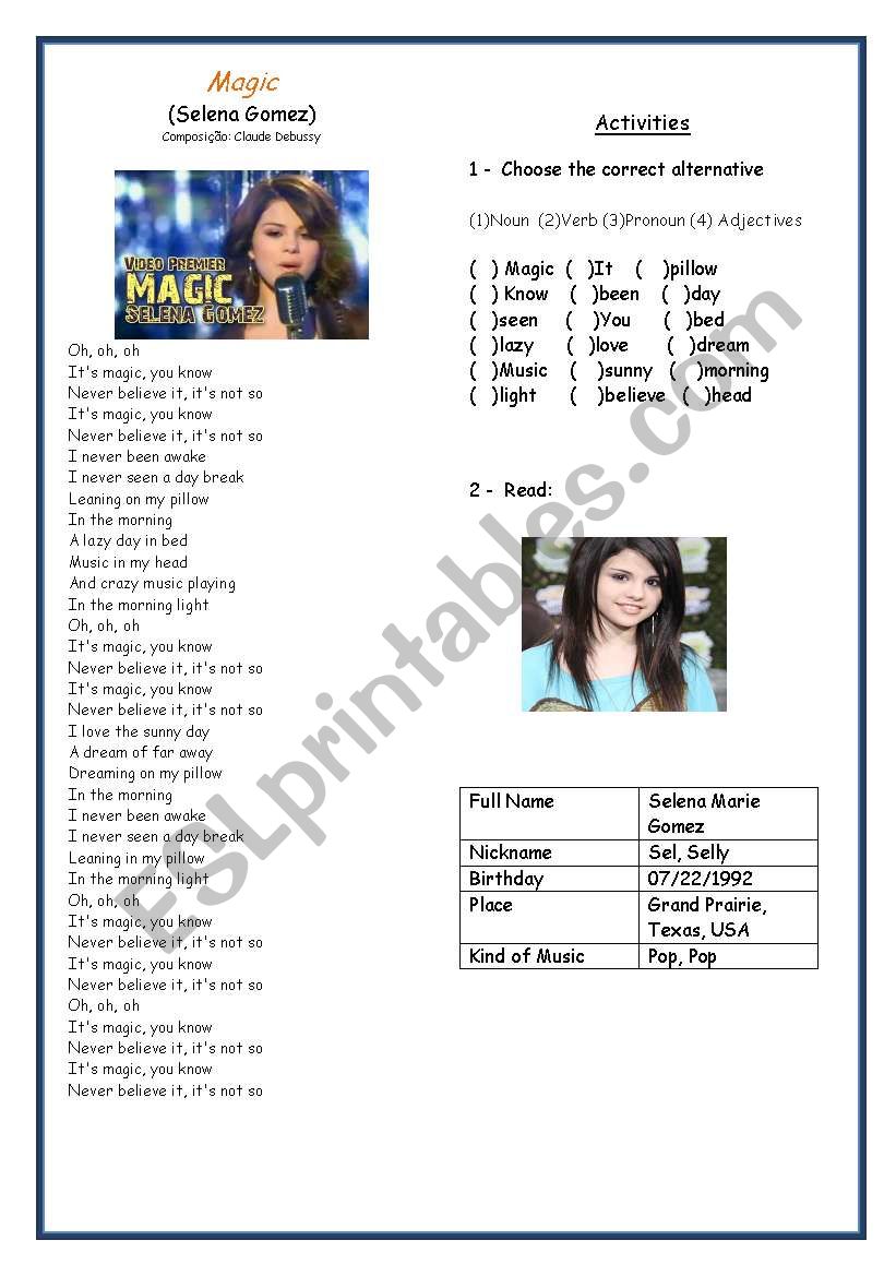 Song : Magic ( Selena Gomez) worksheet