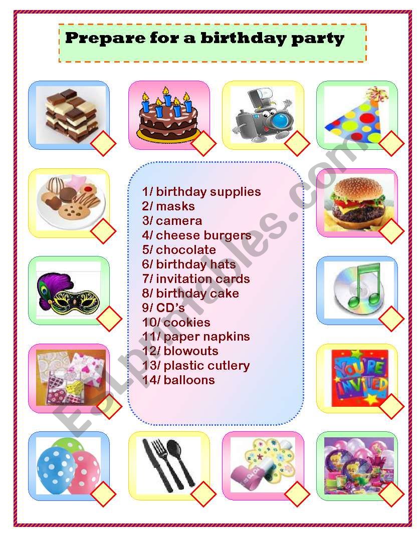 prepare for a birthday party  : matching 