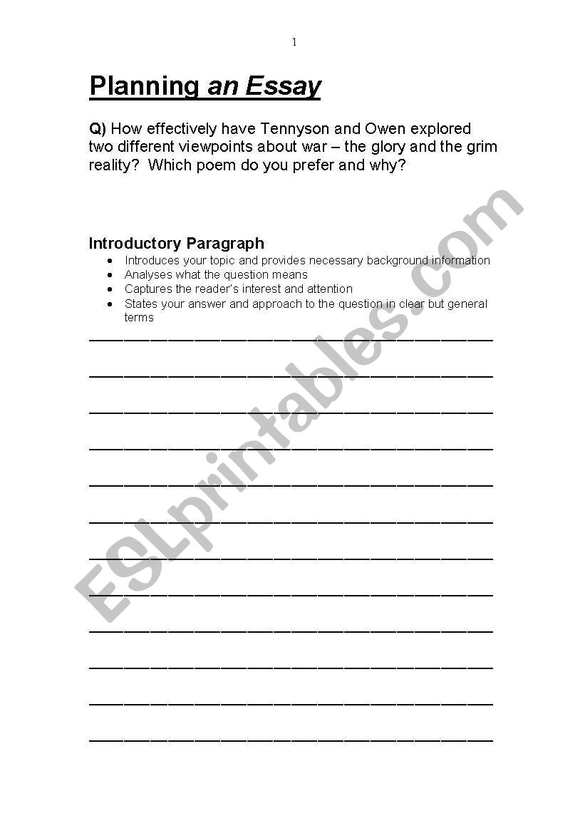 Planning an essay template worksheet