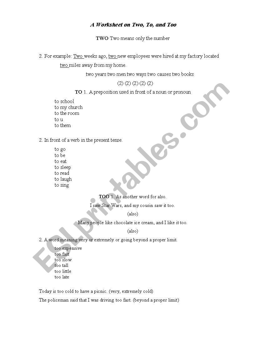 To, Two and too worksheet