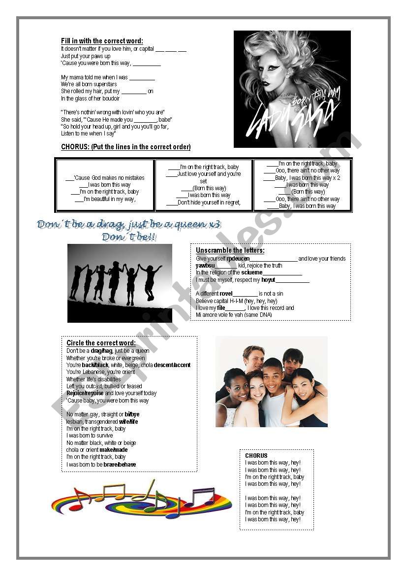 Born This Way by Lady Gaga worksheet