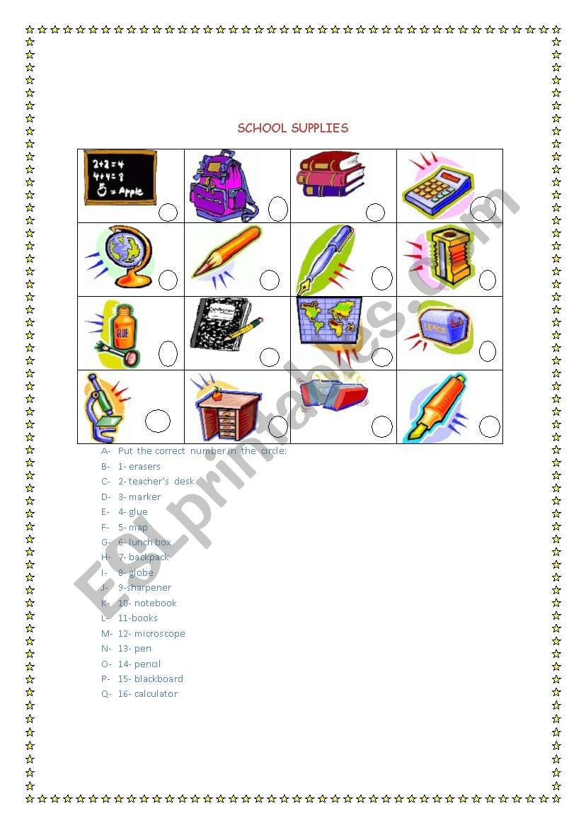 School supplies worksheet