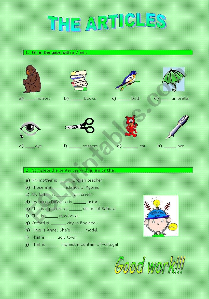 Articles worksheet