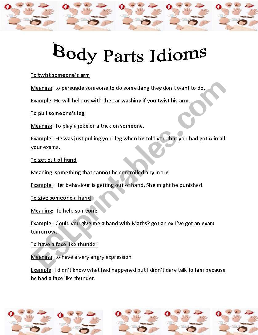 body idioms worksheet worksheet