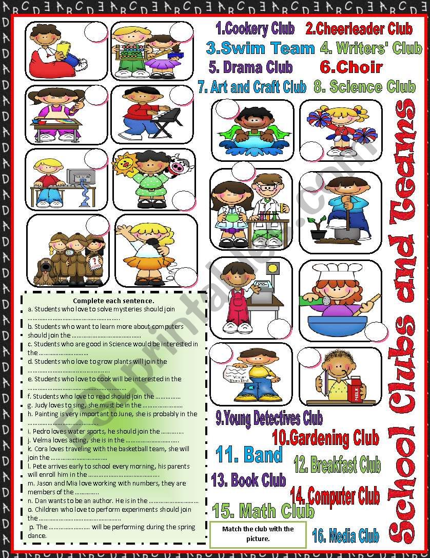 School Clubs and Teams worksheet