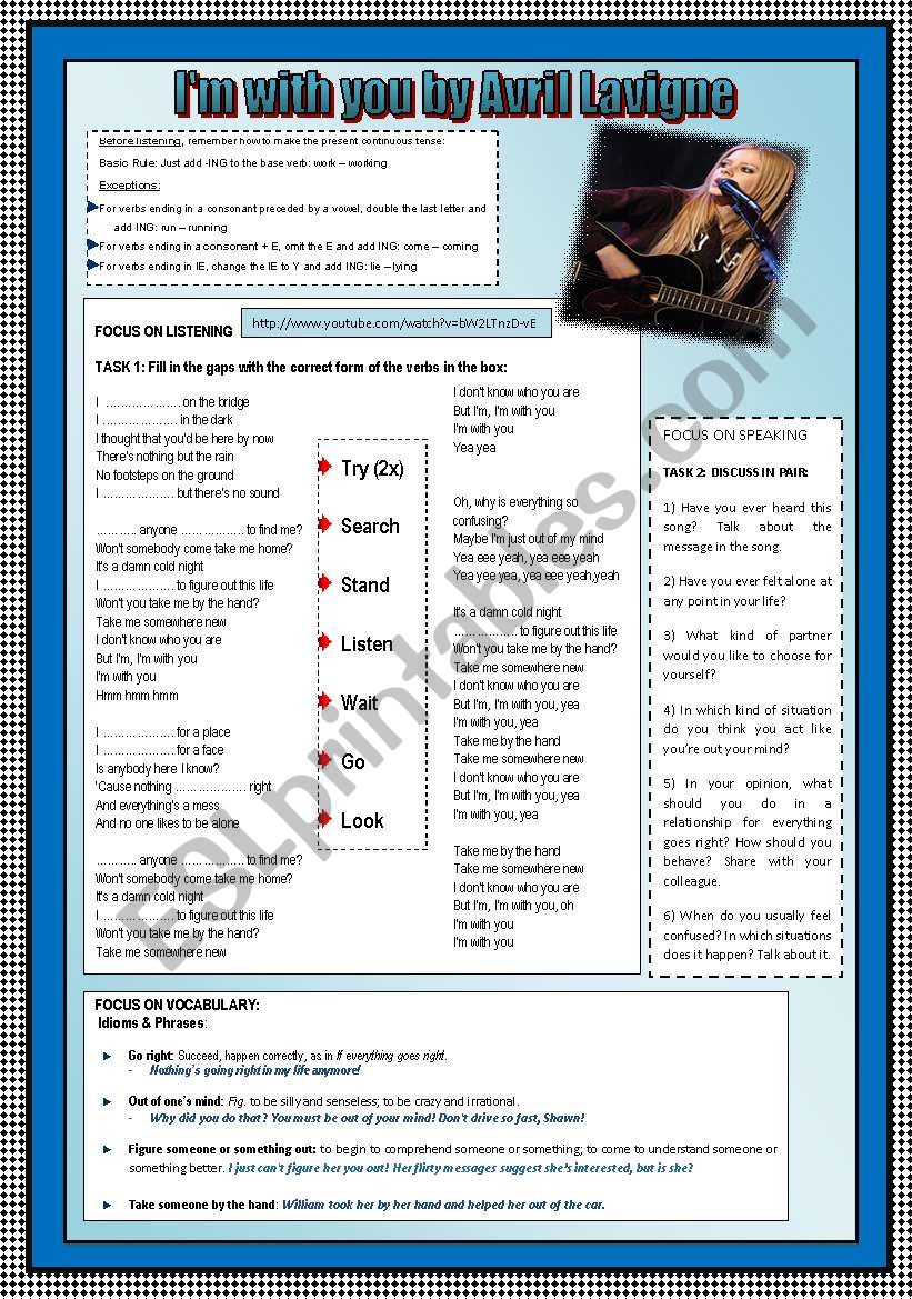  PRESENT CONTINUOUS TENSE & IDIOMS & PHRASES THROUGH SONG ACTIVITY