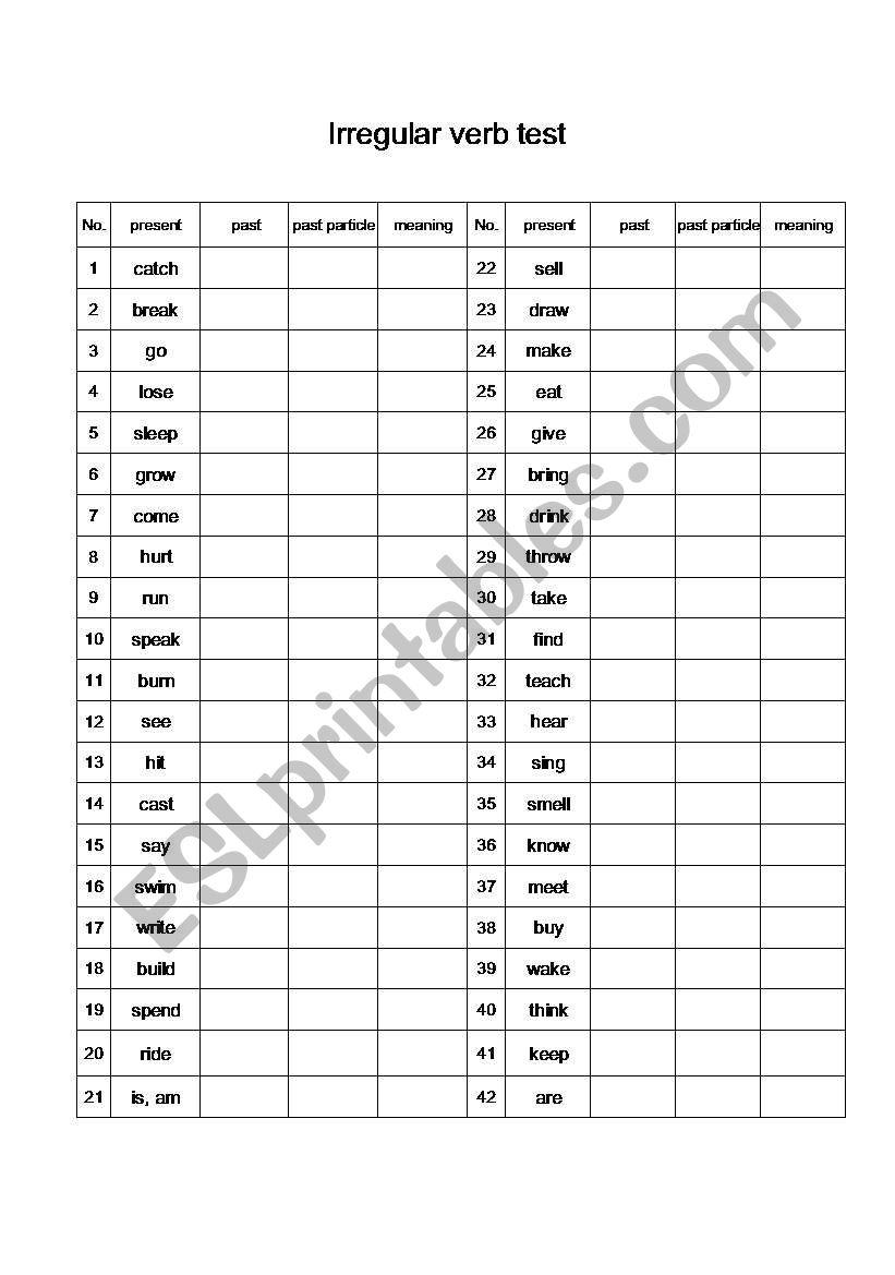 Irregular verb test  worksheet