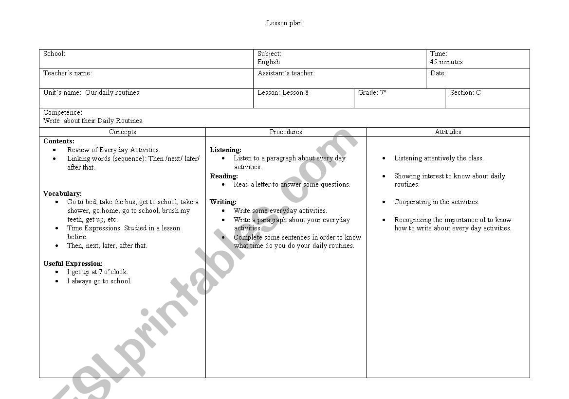 Lesson Plan- Our Daily Routines