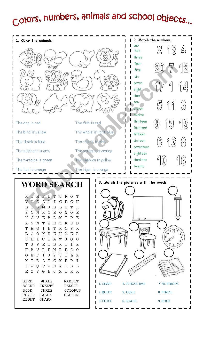 COLORS, NUMBERS, ANIMALS AND SCHOOL OBJECTS