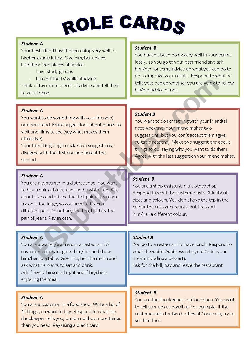 Role play cards worksheet