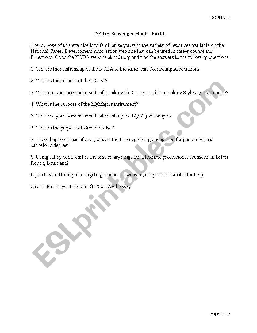 counseling scavenger hunt worksheet