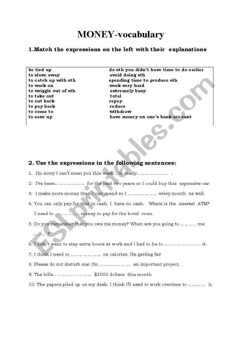 money vocabulary worksheet