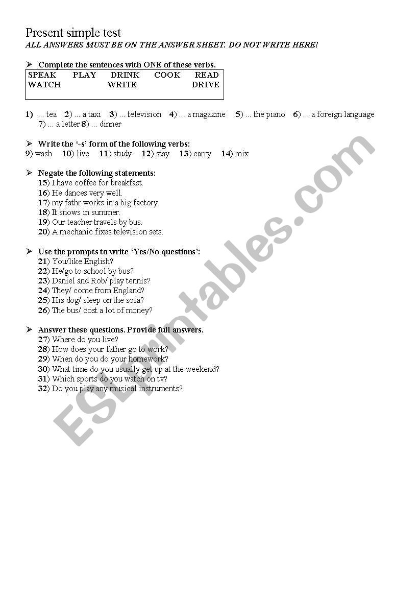 present simple test with answer sheet