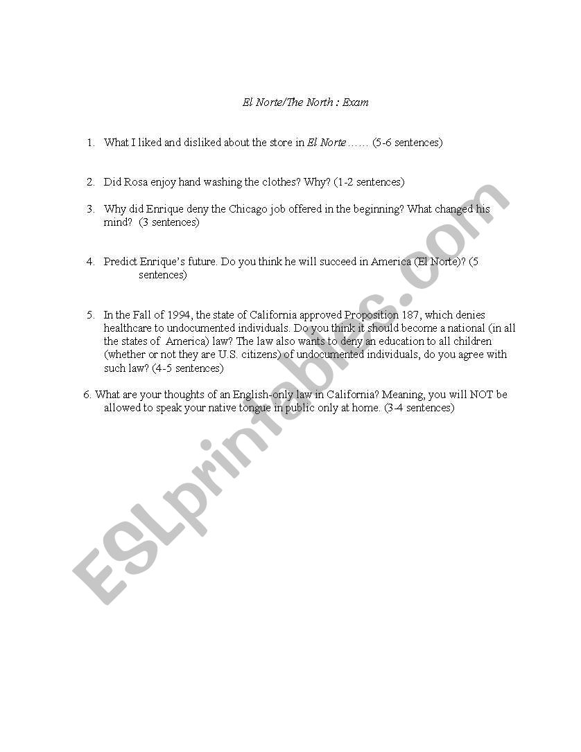 English Worksheets The North El Norte Film Questions