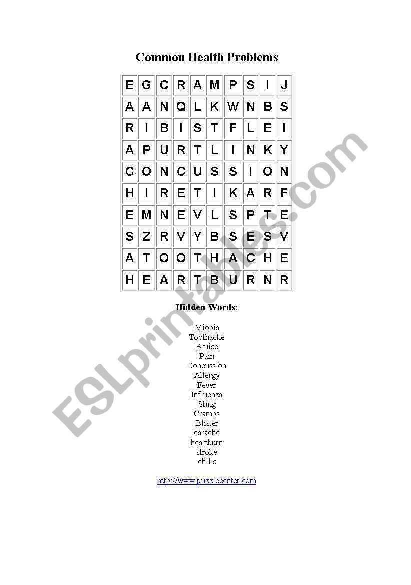 Common Health Problems worksheet