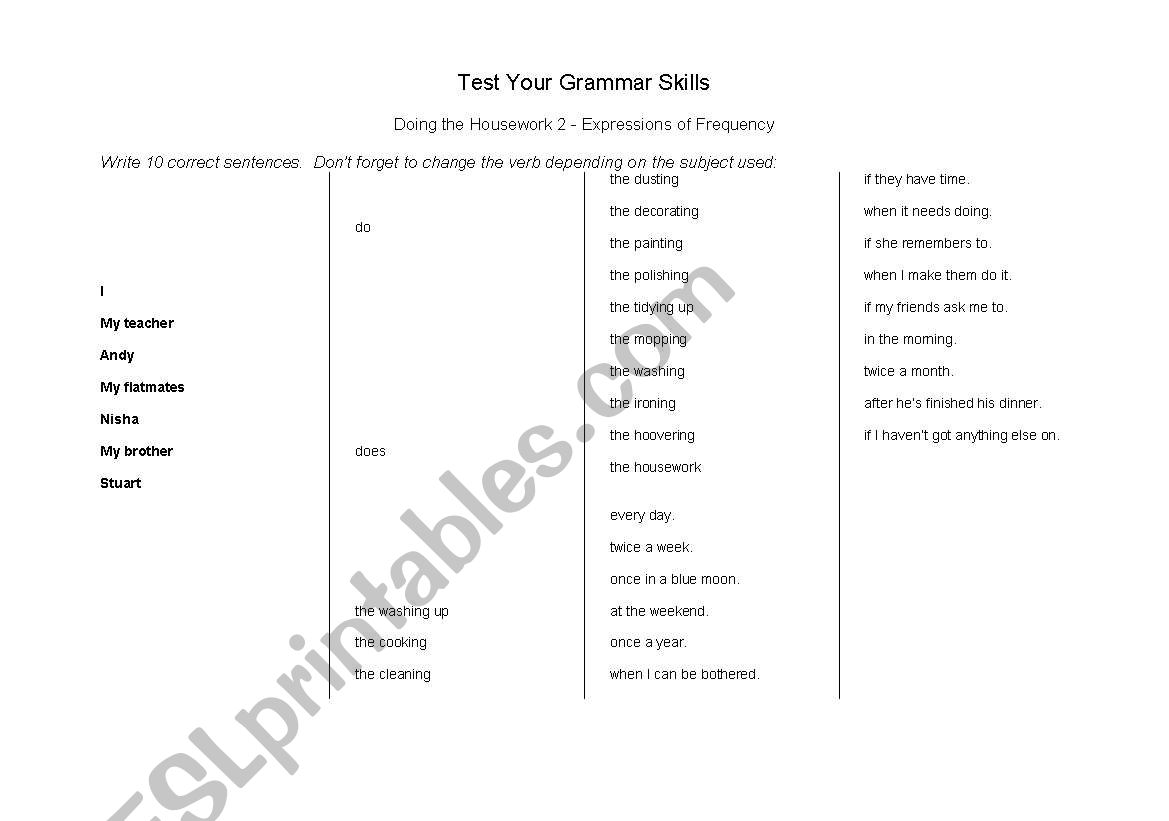 Expressions of Frequency worksheet