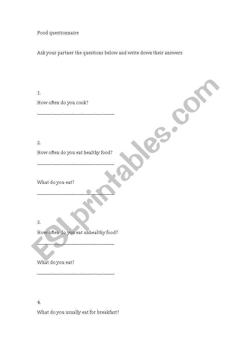 food questionaire worksheet