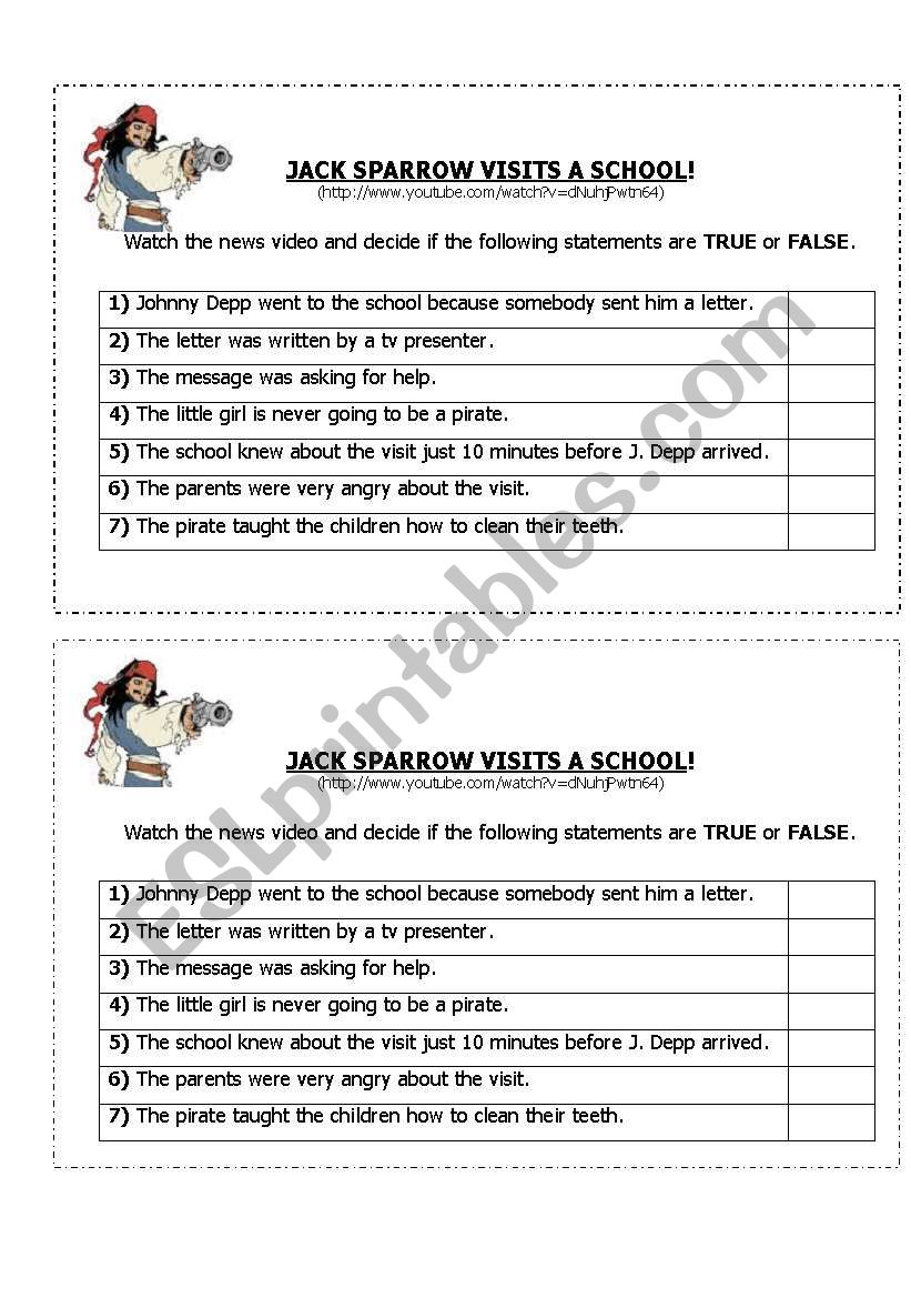 Jack Sparrow visits a School worksheet