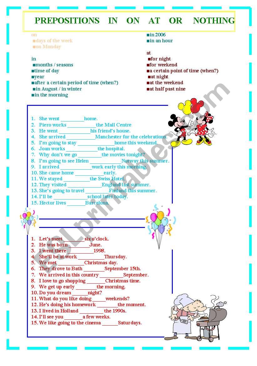 prepositions  in   on  at worksheet