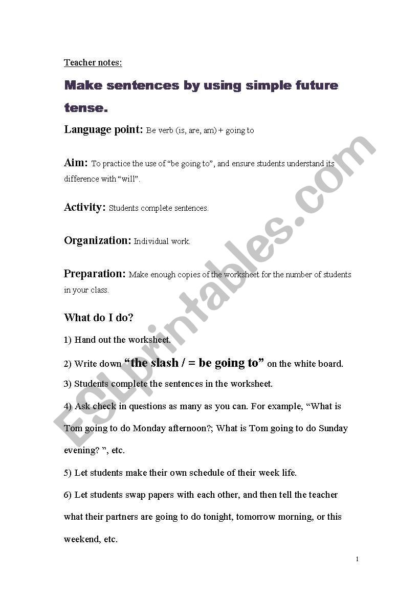 The worksheet for practicing simple future tense (Be going to)