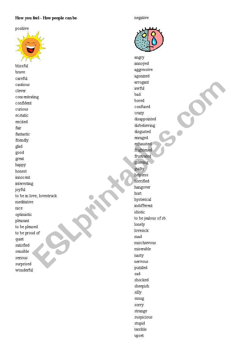 Wordlist: feelings worksheet