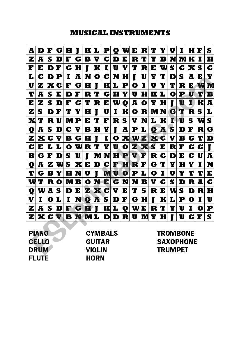 MUSICAL INSTRUMENTS WORDSEARCH
