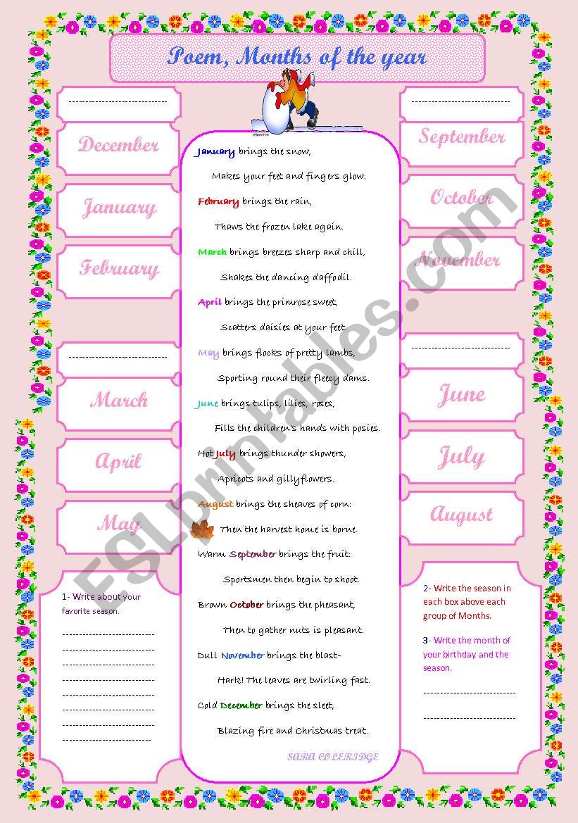 Poem, Months of the year worksheet