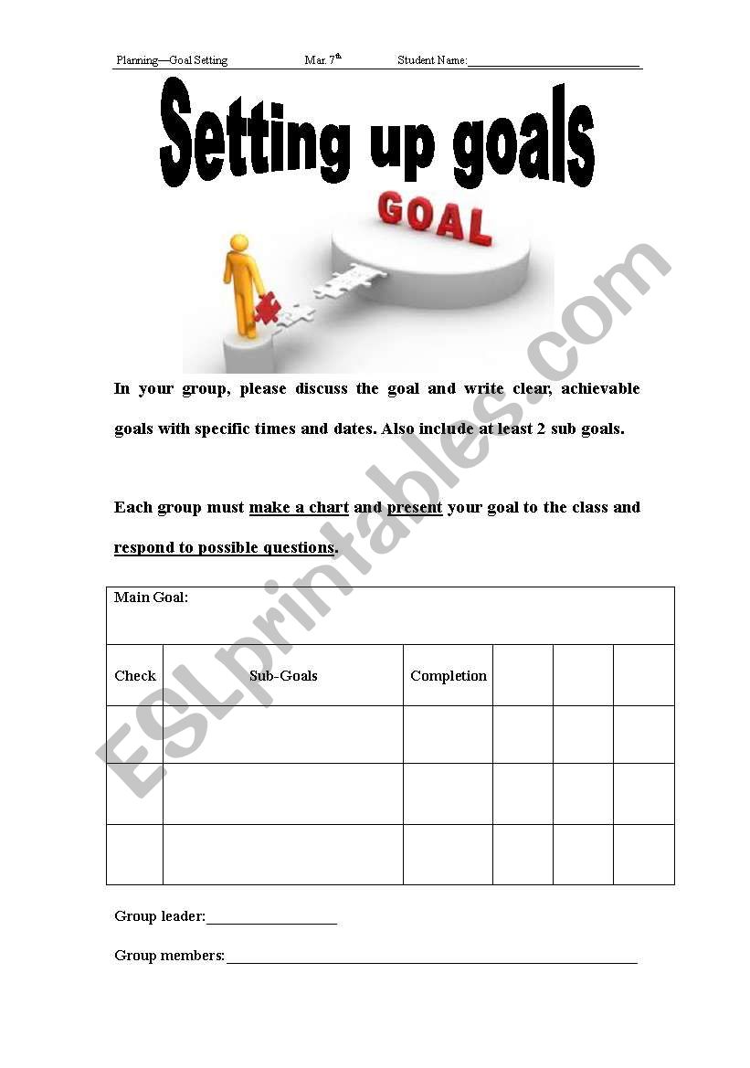 Setting up goals worksheet