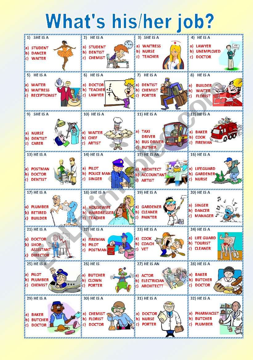WHATÂ´S HIS/HER JOB?***MULTIPLE CHOICE ****PART 1