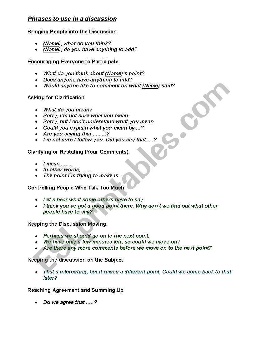 phrases to be used in discussion
