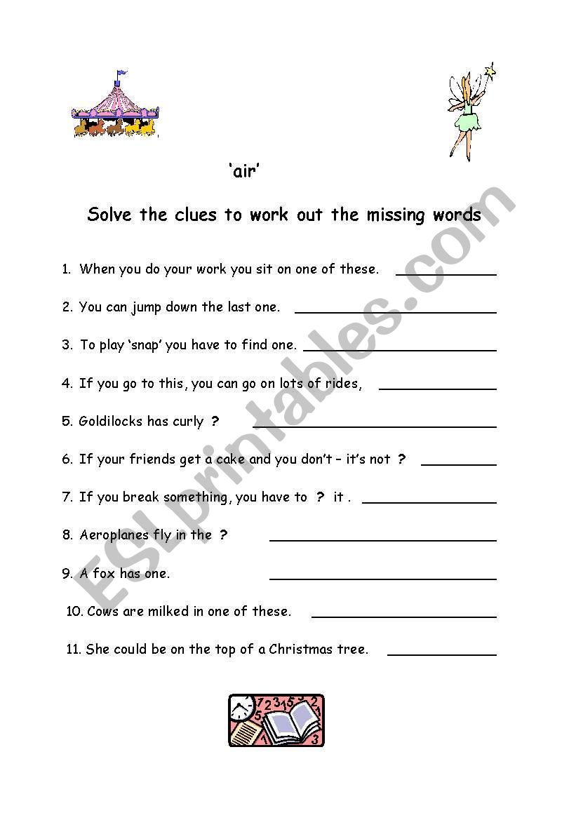 air words worksheet