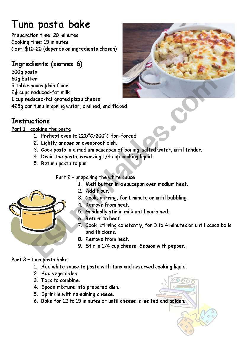 Tuna pasta bake recipe worksheet