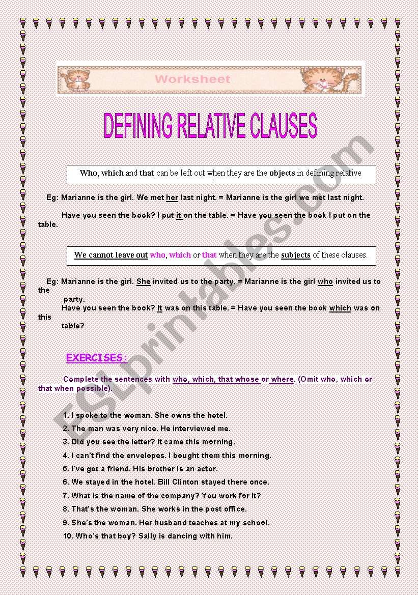 Defining Relative Clauses worksheet