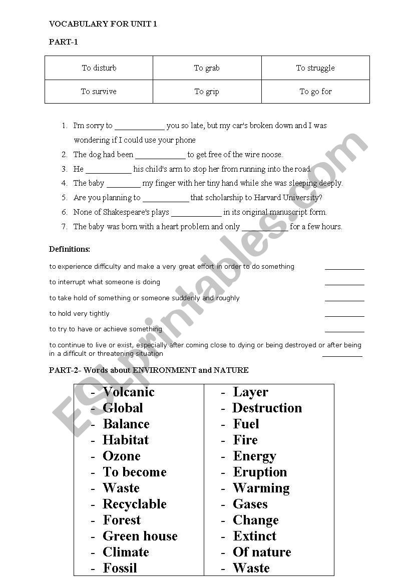 Vocabulary Worksheet for 