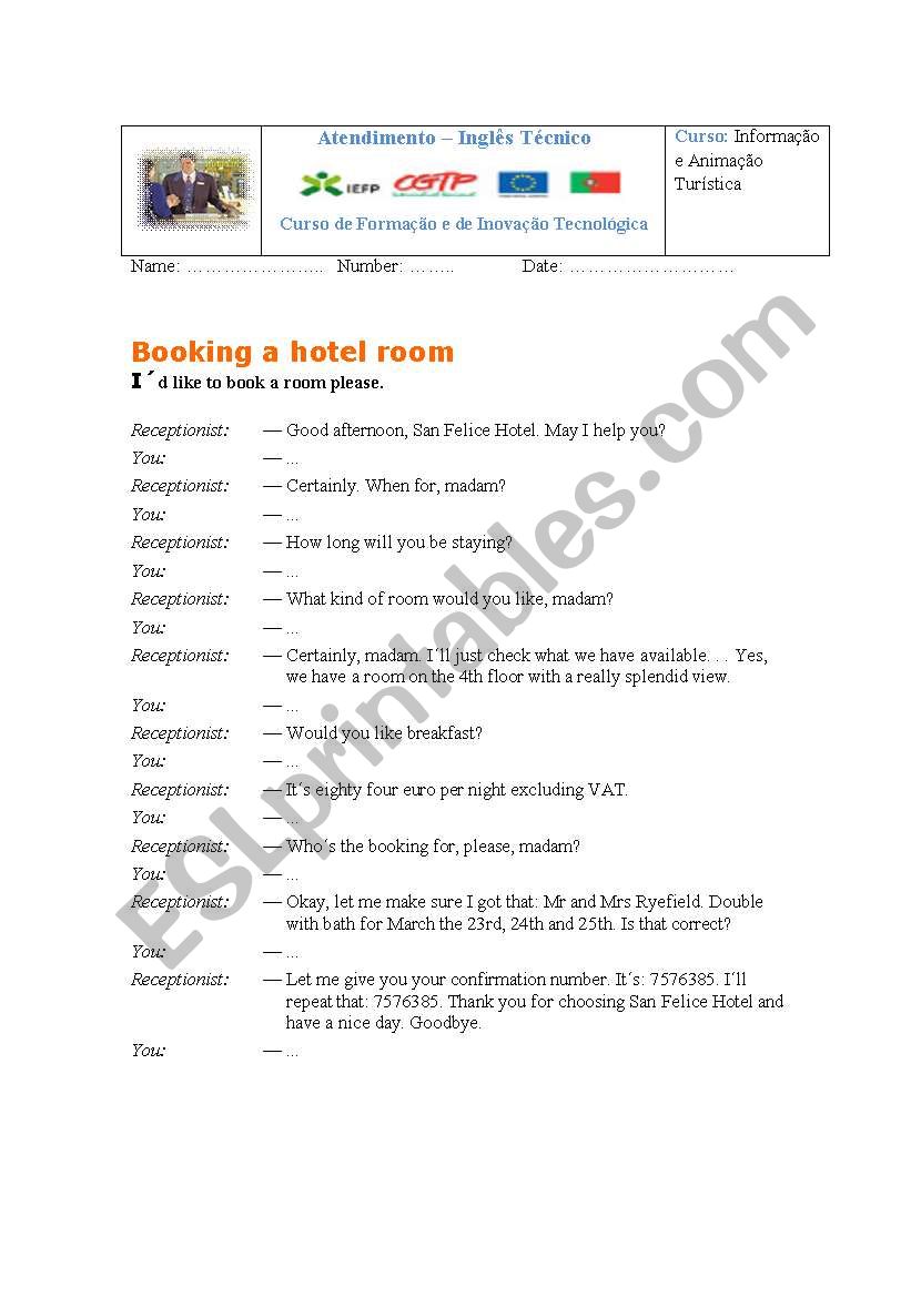 Booking a hotel room worksheet