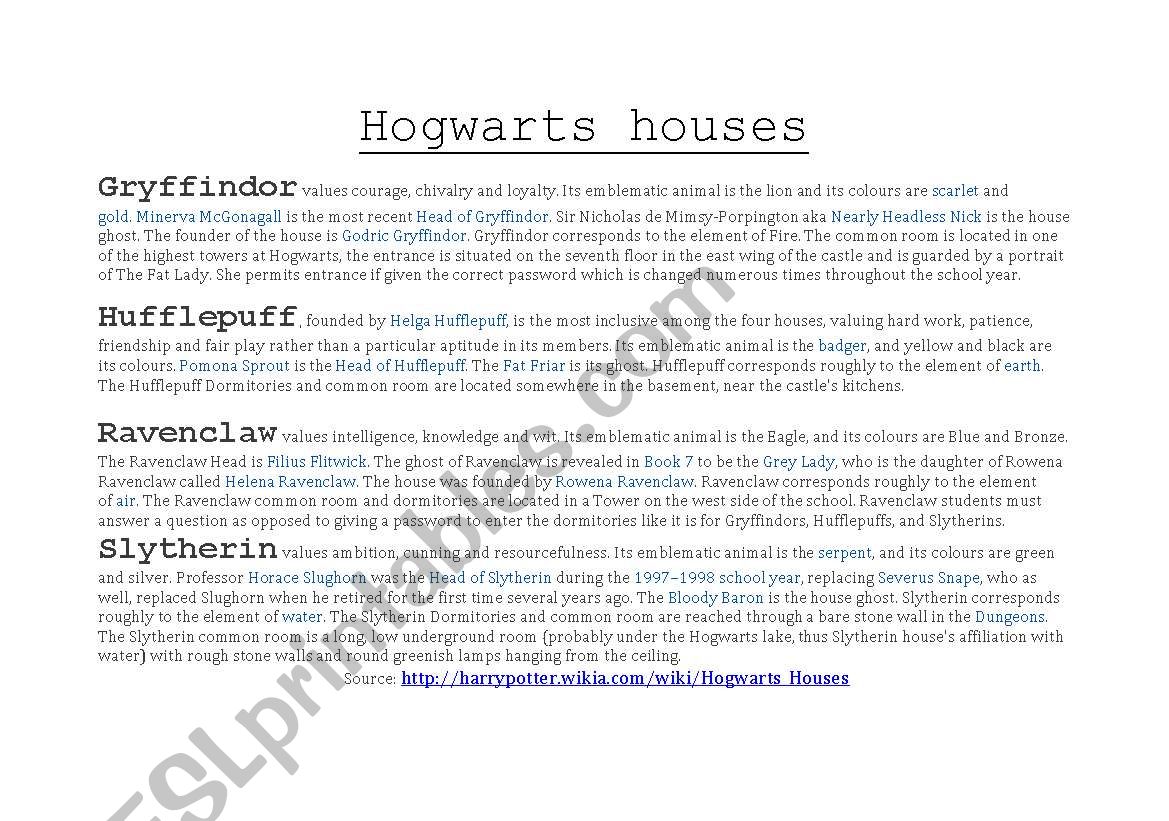 Hogwarts Houses worksheet