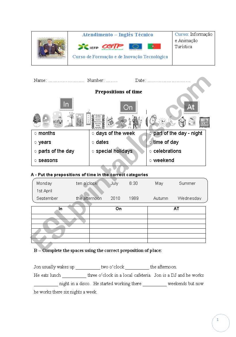 Prepositions of time worksheet