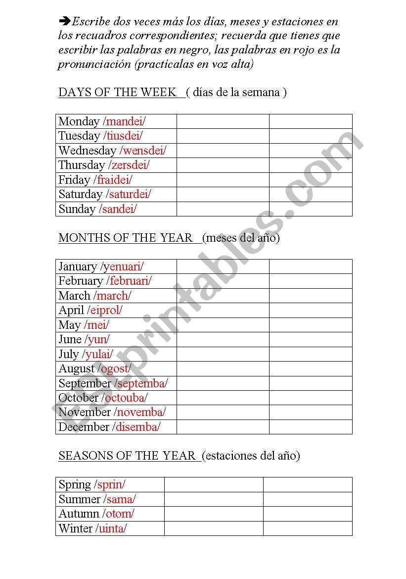 Days, months and seasons worksheet