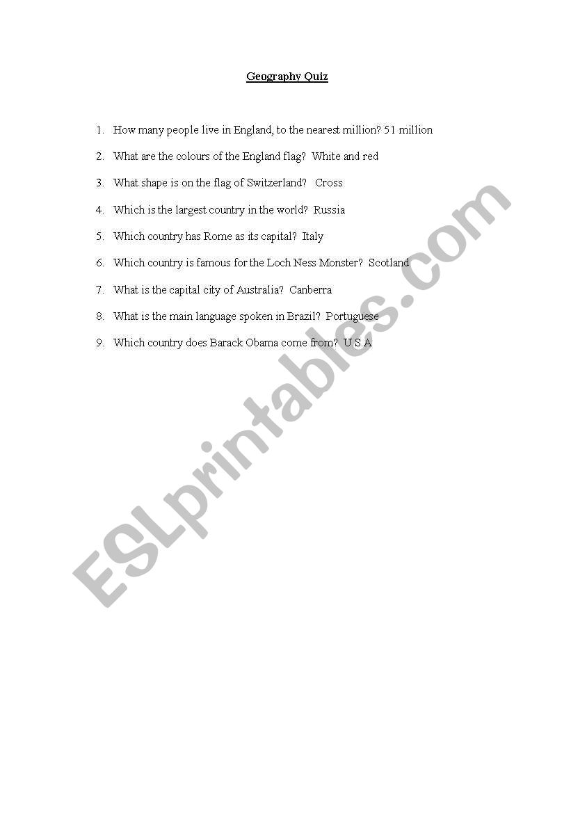 Geography quiz worksheet